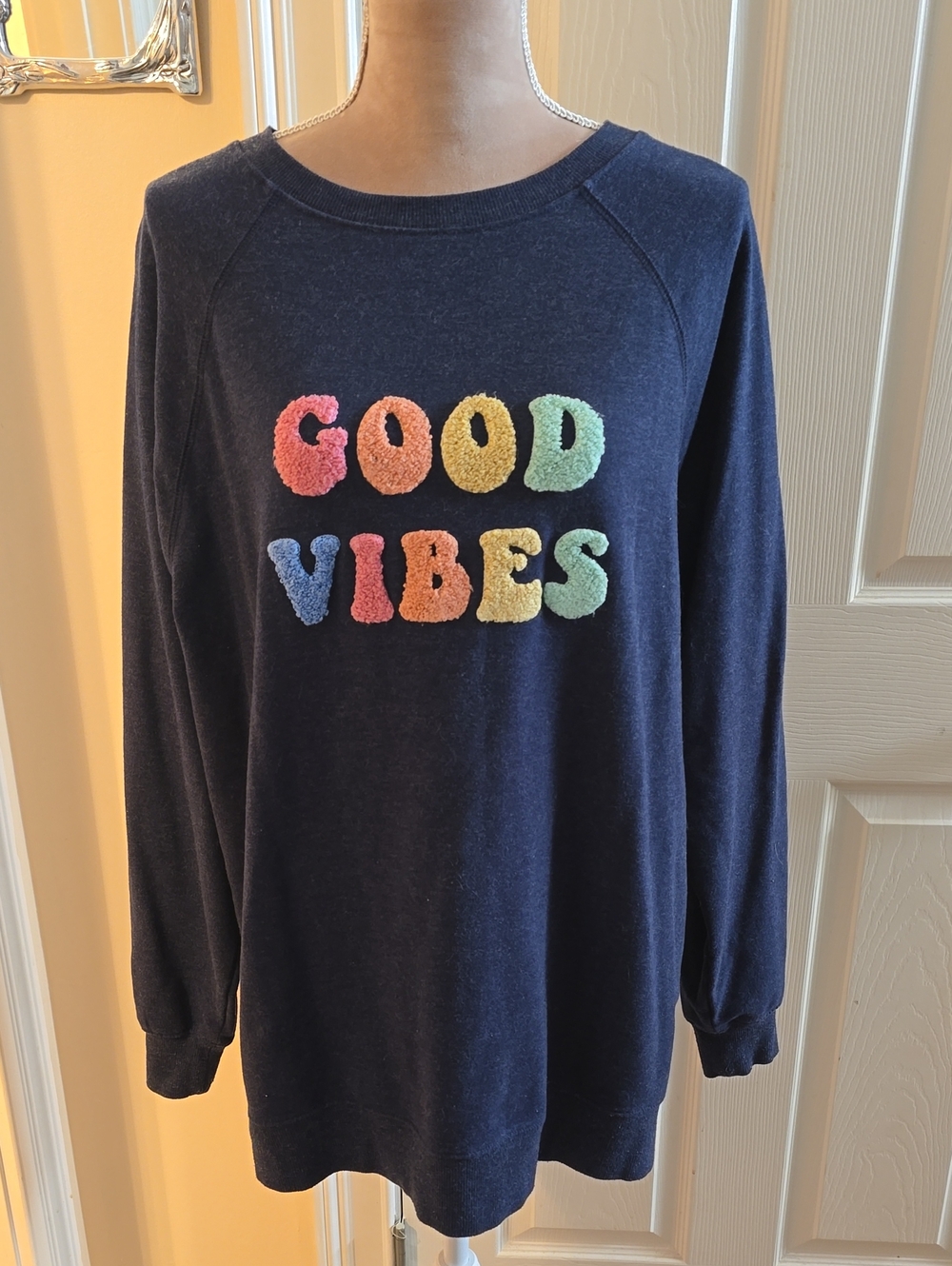 Wildfox Size Medium Navy Crewneck Sweater with Multicolor Chenille "GOOD VIBES"